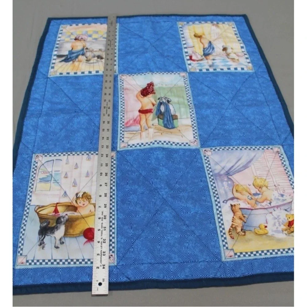 Handmade Baby Crib Quilt Blanket Blue Nursery + Plush Puppy Dog Toy Lot